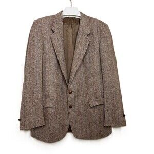Vintage Austin Manor Men's Beige/Brown Tweed Herringbone Wool Blazer Size 43 L